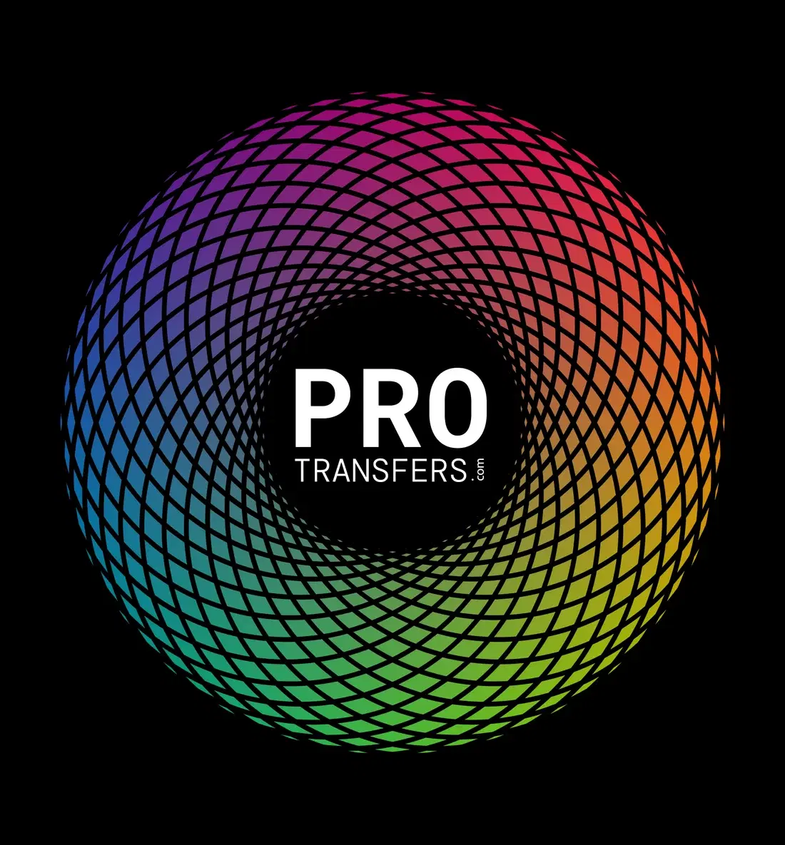 The ProTransfers mark at the centre of a woven ring running through every hue, from magenta and red through orange, yellow and green to blue and violet.